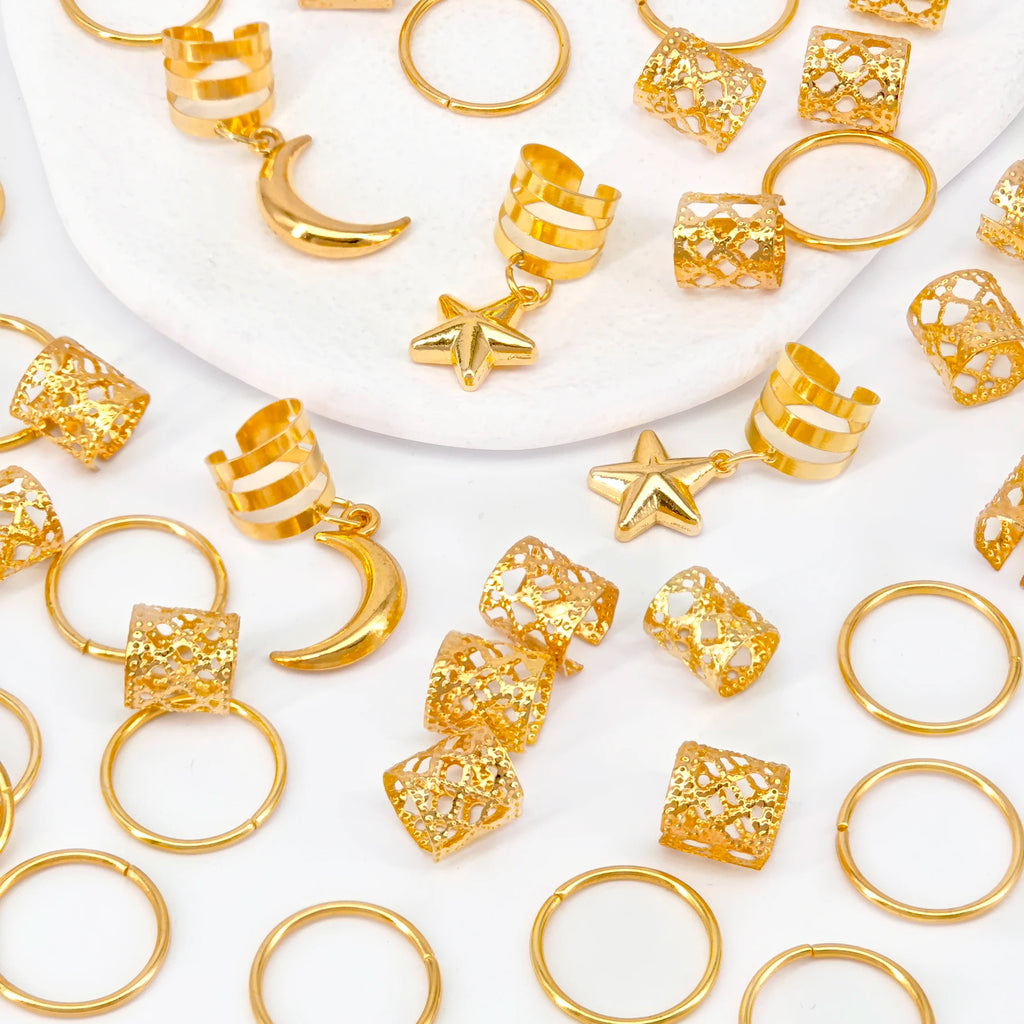 CowLost | 44pcs-stars-moon-combination-fashion-metal-cutout-dreadlock-hair-rings |5