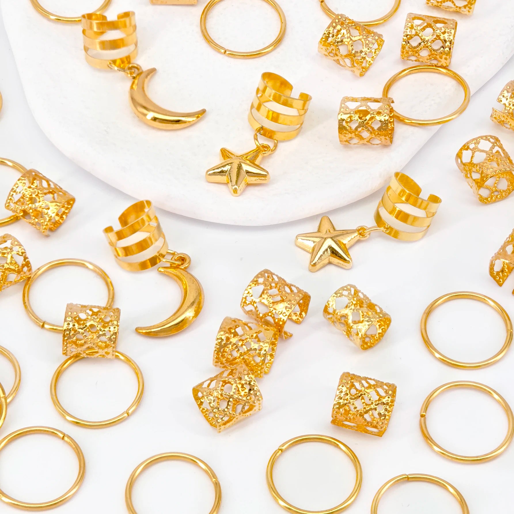 CowLost | 44pcs-stars-moon-combination-fashion-metal-cutout-dreadlock-hair-rings |5