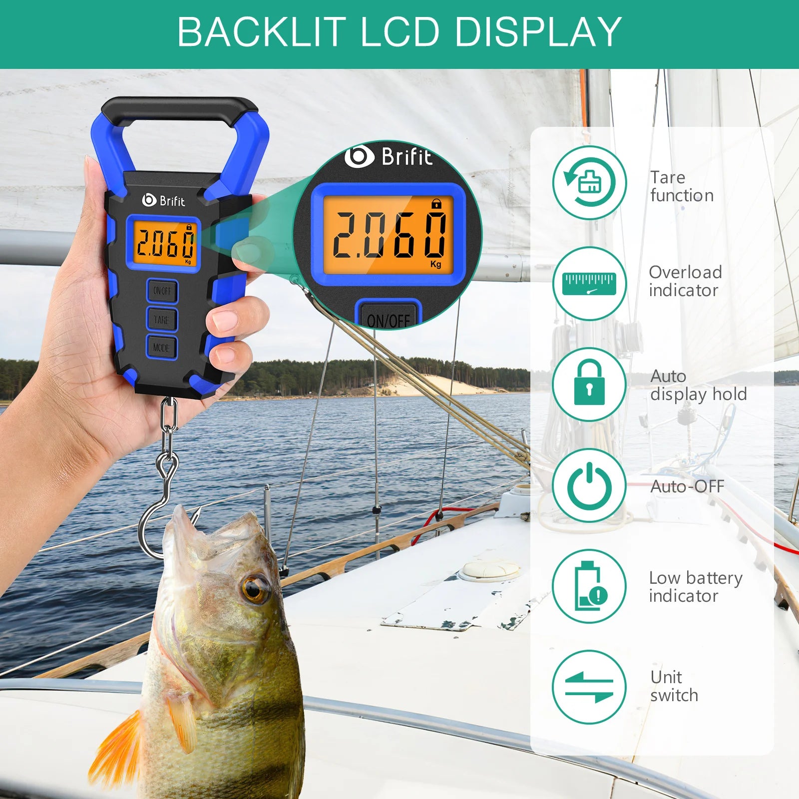 ORIA Digital Hanging Fishing Scale 50kg with Tape Measure and Fish Gripper