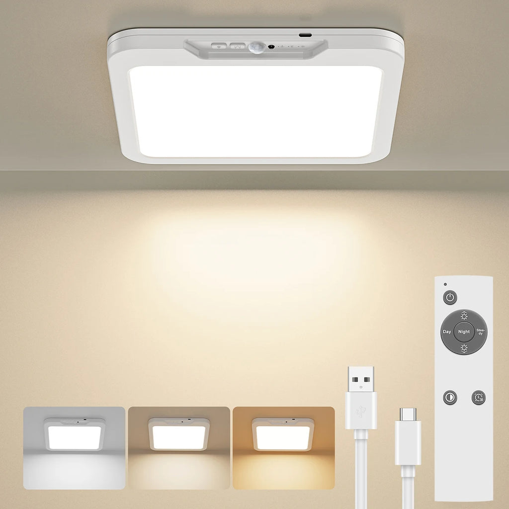 Rechargeable Battery Ceiling Light with Motion Sensor, Wireless Indoor Shower Lamp, Remote Control, 3000K-6500K