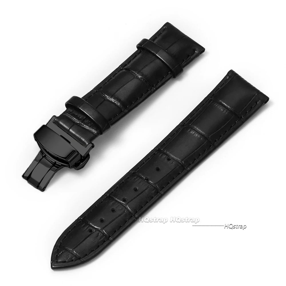 CowLost | product_id-genuine-calfskin-leather-watch-strap-16-24mm-black-with-brown-stitching-butterfly-buckle |10