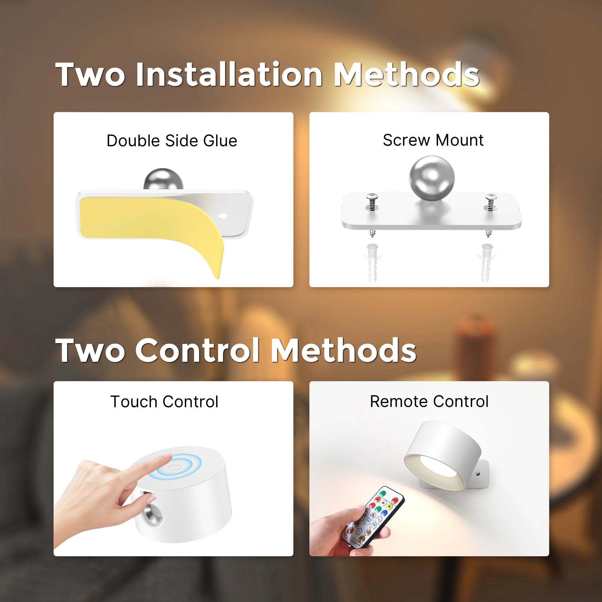 RGB Wall Lights with Remote, 19 Colors, 360° Rotation, 2000mAh Battery, Dimmable Touch Control for Bedroom