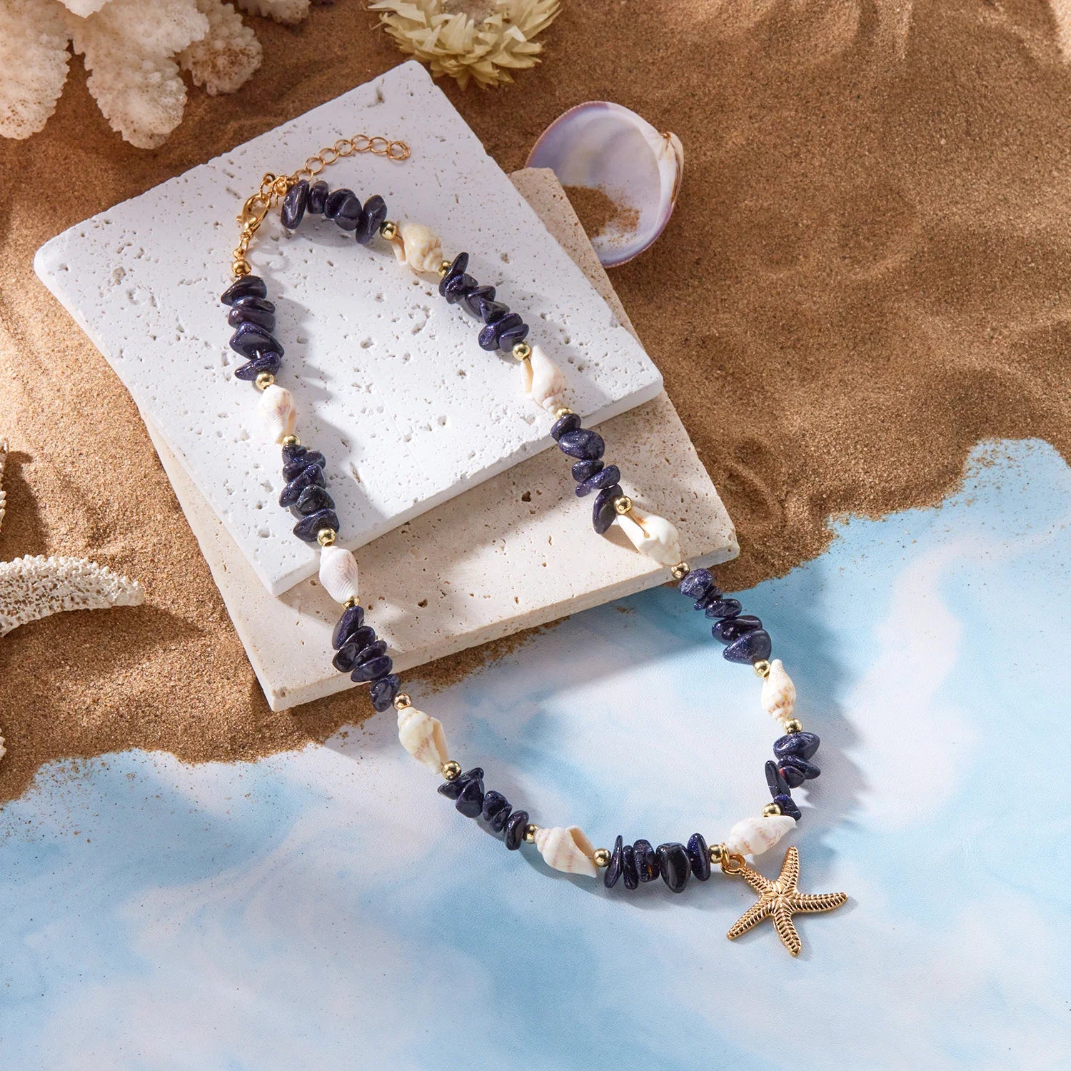 CowLost | bohemian-starfish-conch-pendant-necklaces-for-women-colorful-irregular-stone-choker-neck-chain-girls-summer-beach-party-jewelry |8