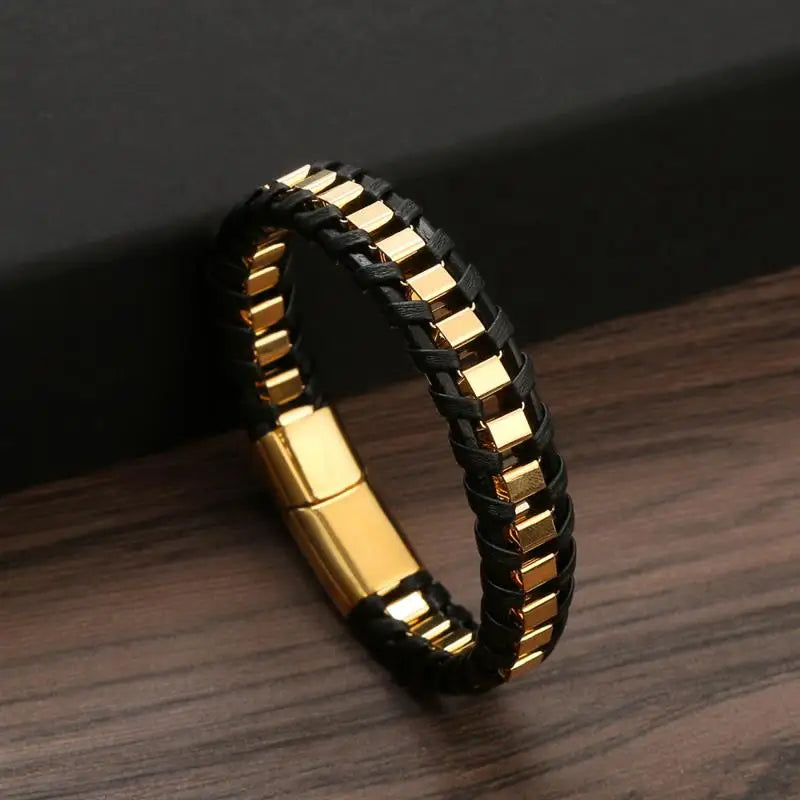 CowLost | badge-pass-holders-mens-classic-hand-woven-stainless-steel-leather-braided-bracelet |15