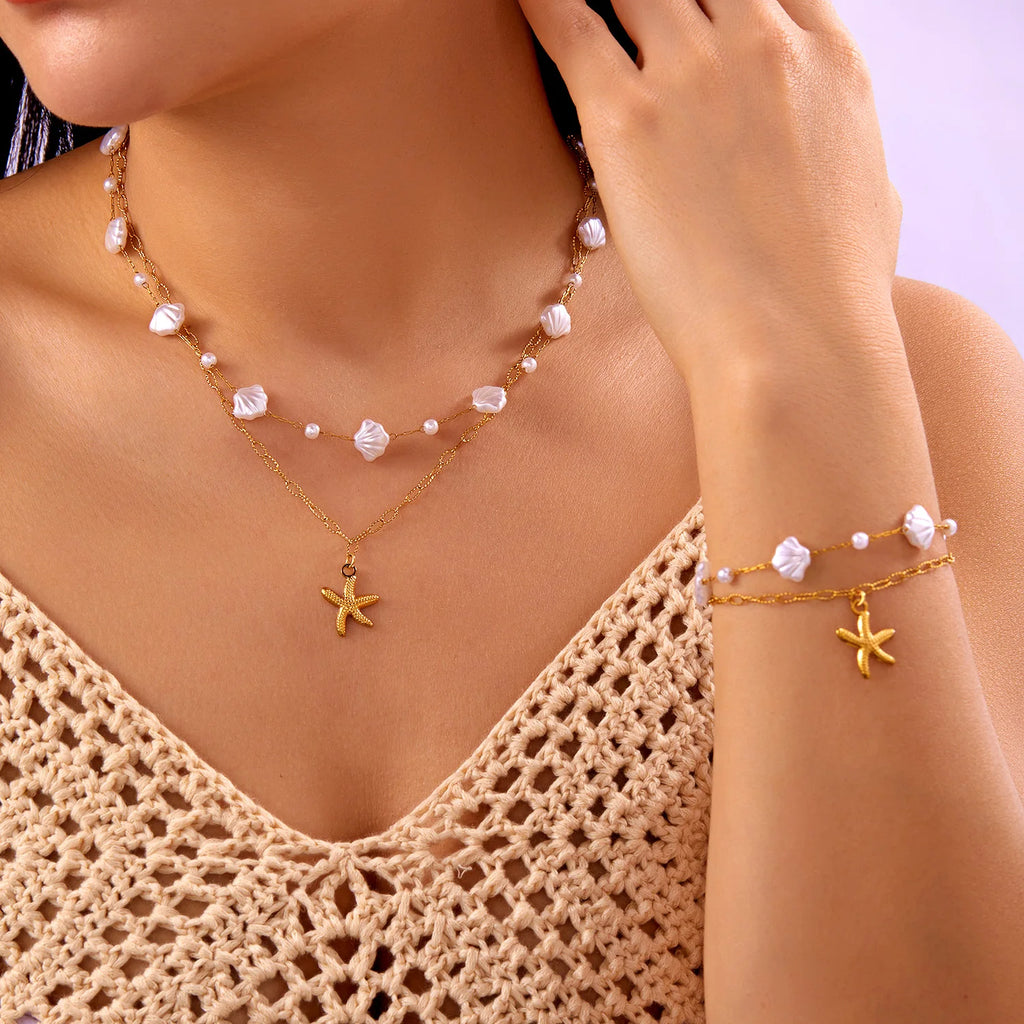 CowLost | ocean-series-stainless-steel-starfish-pendant-necklace-for-women-trendy-summer-beach-double-layer-beads-chain-choker-jewelry |3