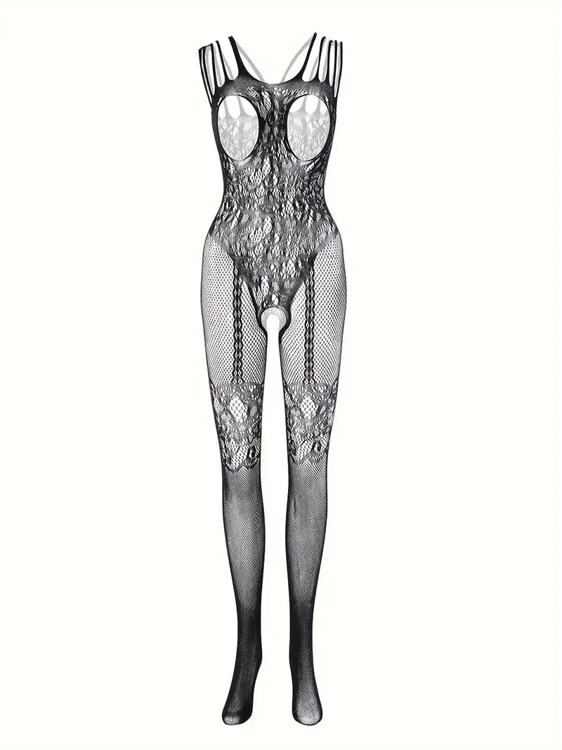 CowLost | sheer-floral-jacquard-fishnet-bodysuit-high-stretch-open-chest-womens-sexy-lingerie |11