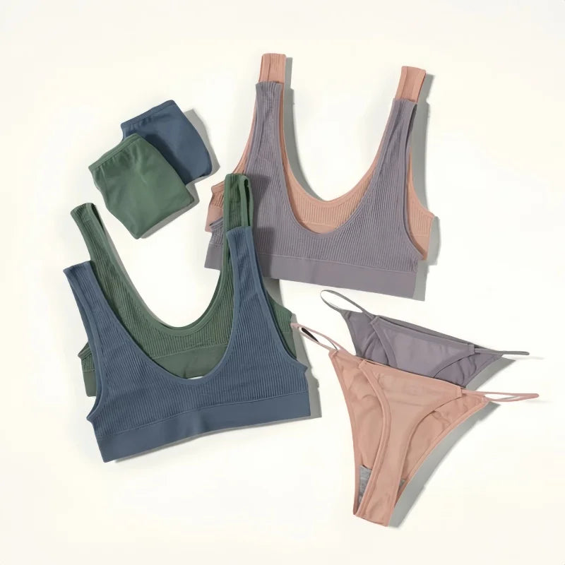 CowLost | women-seamless-bras-set-plunge-tops-non-wire-bralette-low-waist-g-string-thongs-solid-color-underwear-female-sexy-lingerie-set |2