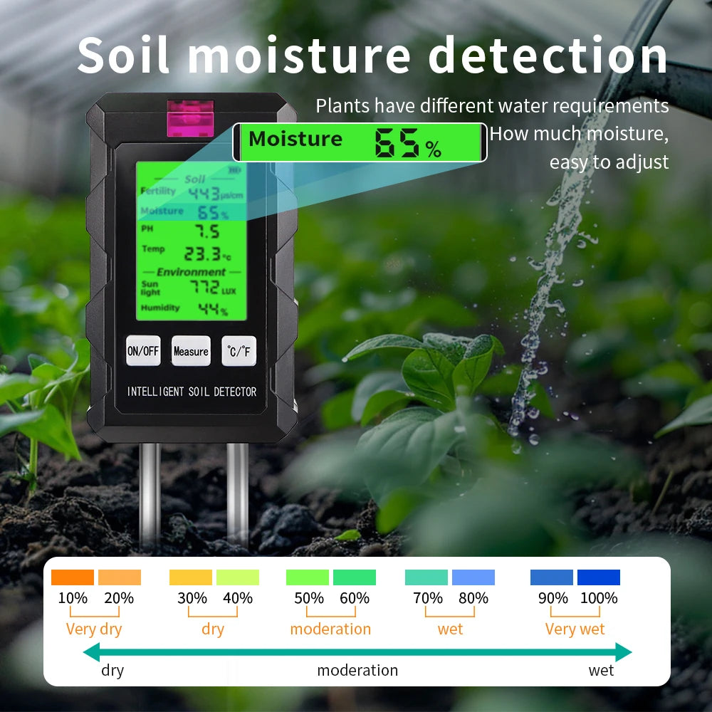 6-in-1 Soil Meter PH Moisture Fertility Temperature Humidity Light Tester for Garden