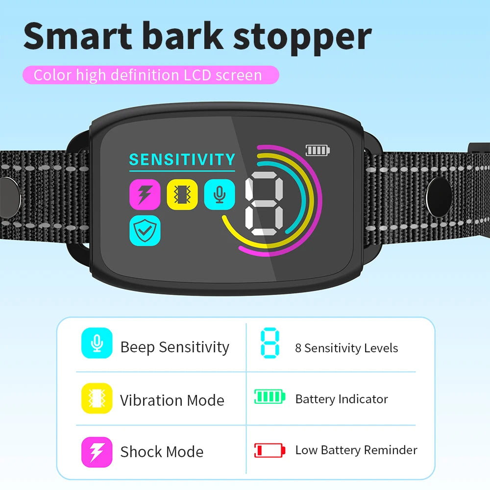 Rechargeable IP67 Waterproof Automatic Anti-Bark Dog Collar Trainer with Color Screen