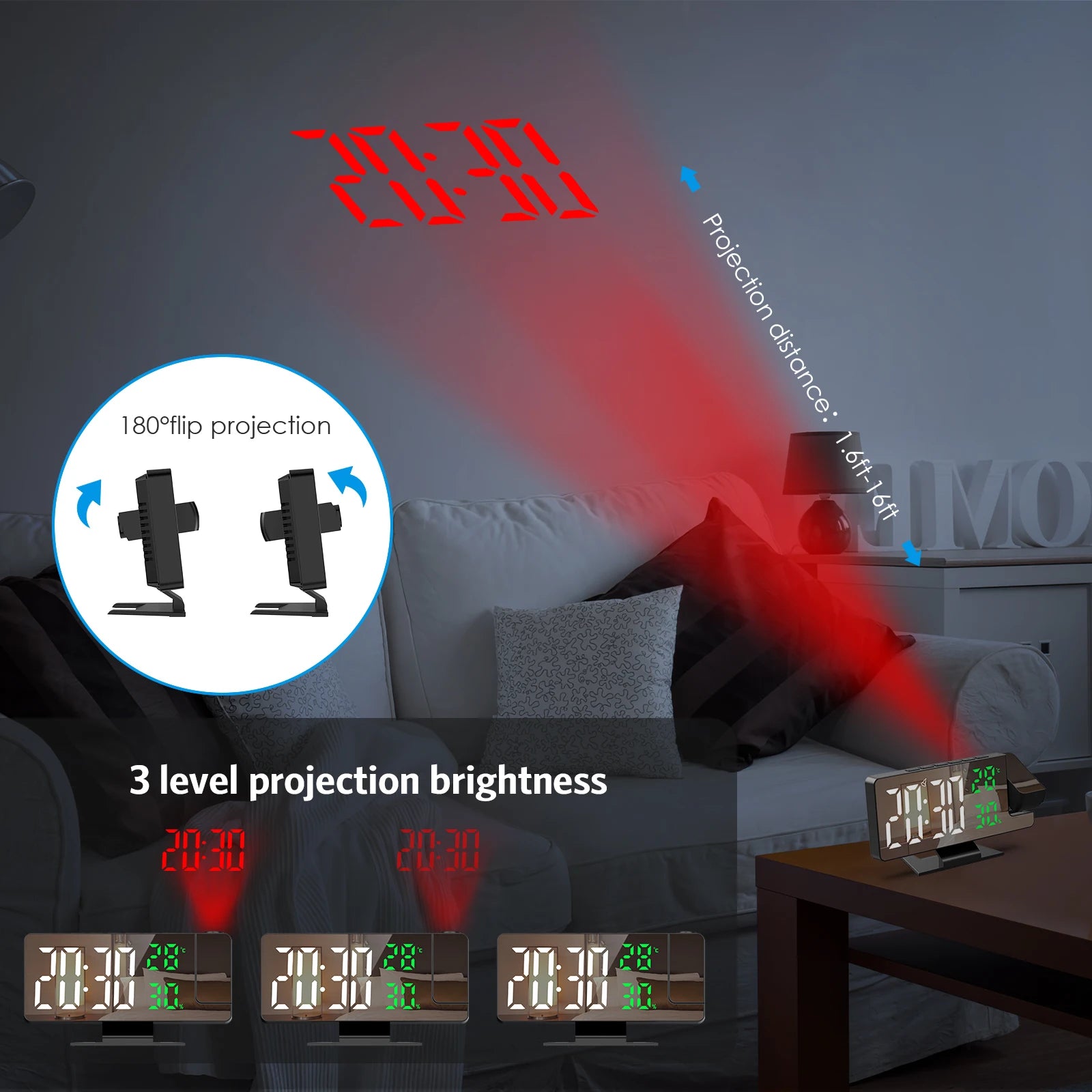 ORIA Digital Projection Alarm Clock with LED Temperature & Humidity Display for Home and Office