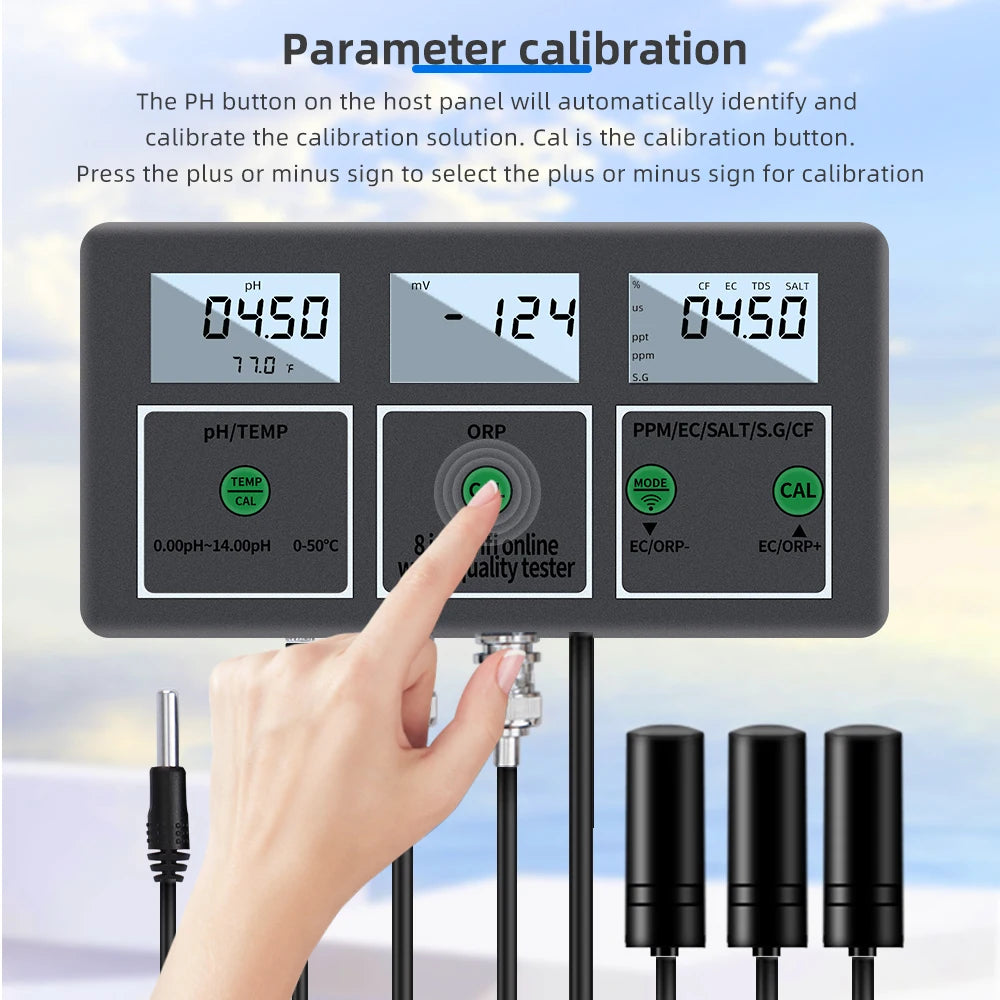 Tuya WiFi 8-in-1 Water Quality Tester pH/EC/TDS/Salt/S.G/ORP/CF/Temp Meter pH-W218 for Aquarium