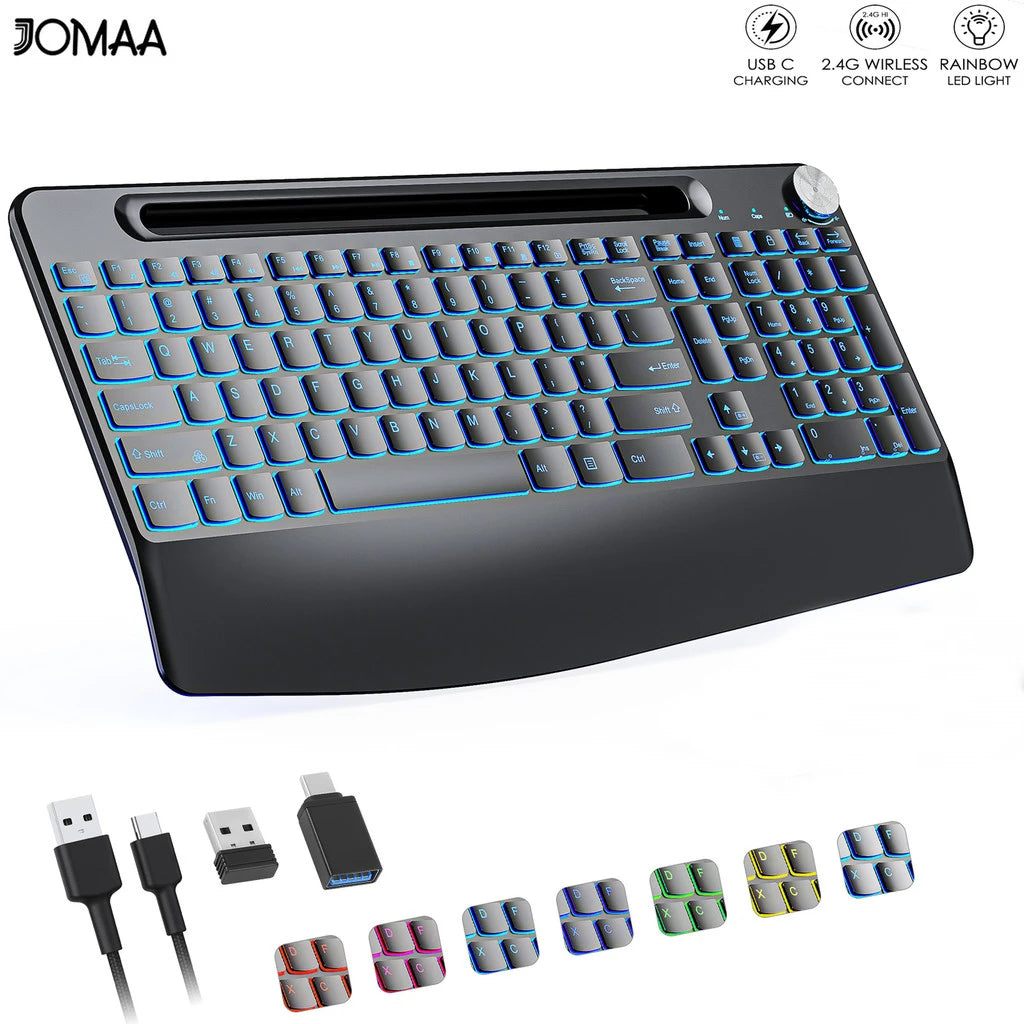 CowLost | product_id-joma-wireless-full-size-keyboard-with-7-color-backlight-wrist-rest-phone-holder-rechargeable-silent-keys |1