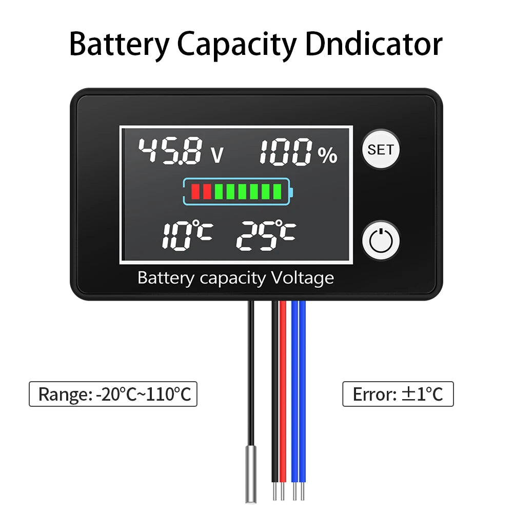 JUANJUAN DC 10V-100V Digital Battery Capacity Indicator LCD Voltage Tester with Temperature Control