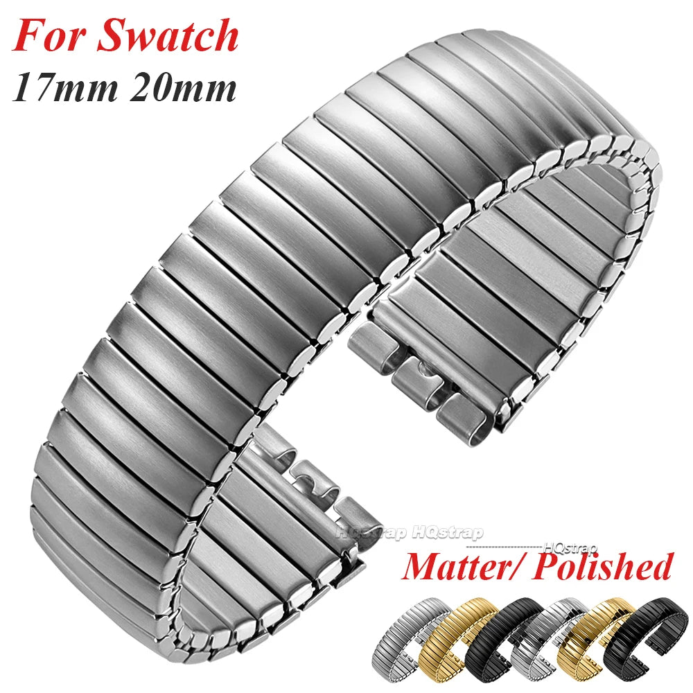 Elastic Stainless Steel Expansion Watch Band for Swatch 17mm 20mm Unisex Metal Strap