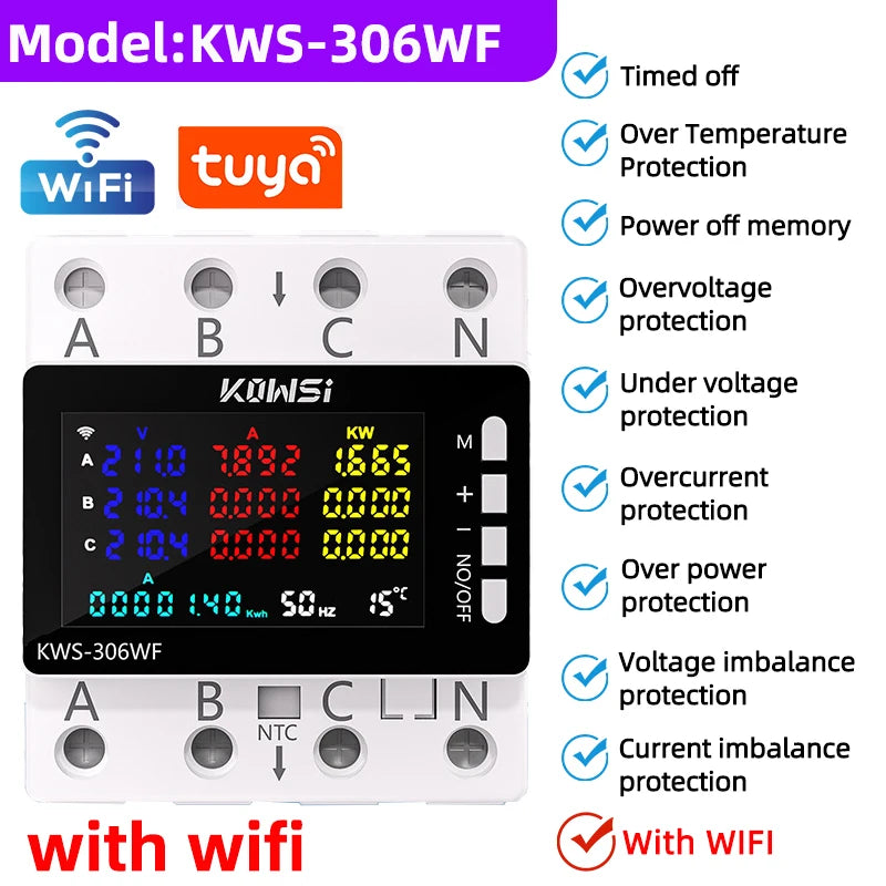 KWS-306WF Tuya WiFi 3-Phase 4-Wire Power Meter Energy Tester with Color LCD and Voltage Protection Relay Switch