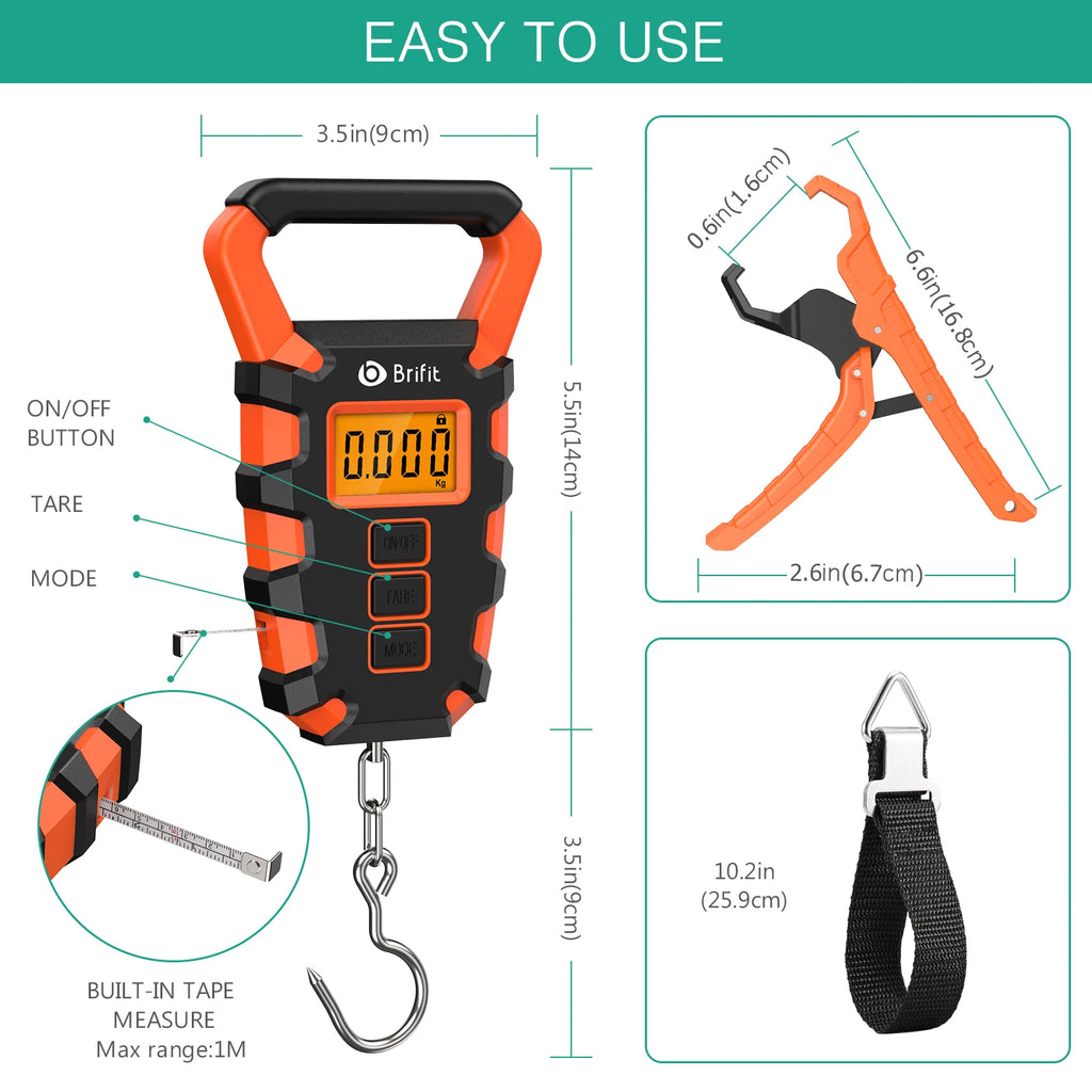 ORIA Digital Hanging Fishing Scale 50kg with Tape Measure and Fish Gripper