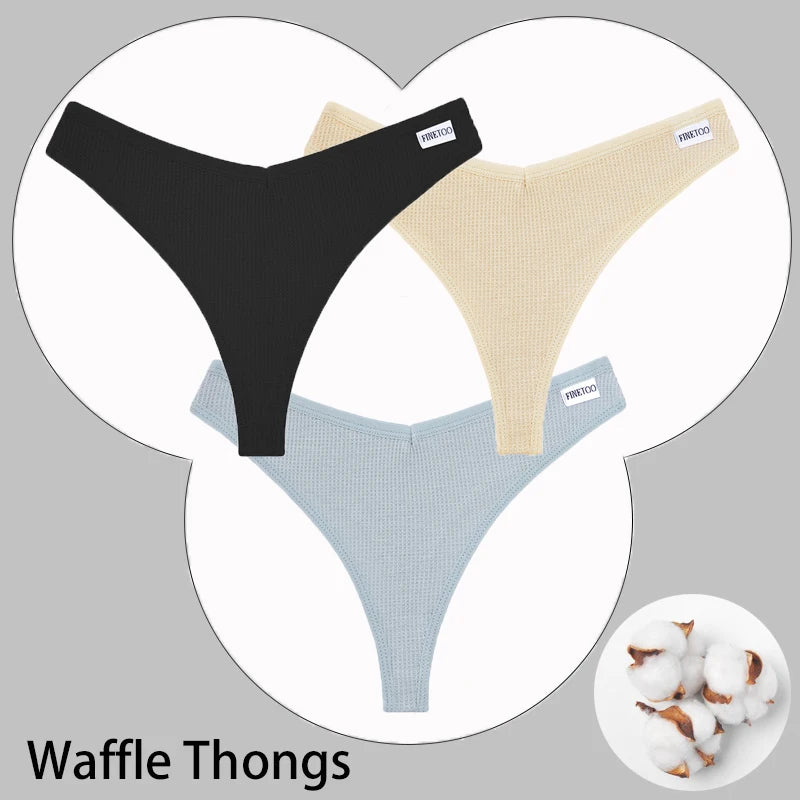 CowLost | activewear-pants-3pcs-cotton-waffle-women-s-sexy-thong-panties-set |54