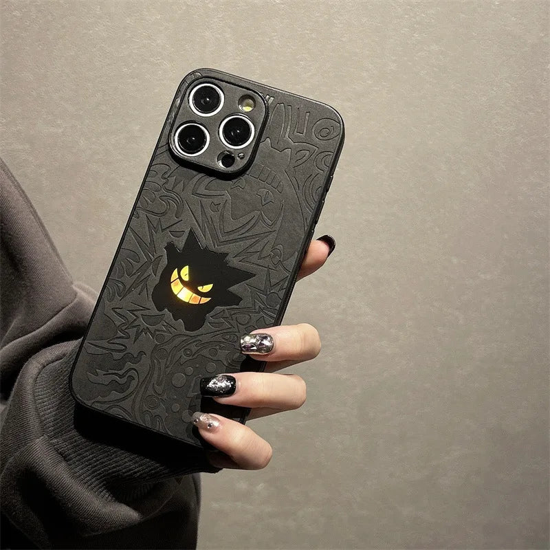 CowLost | cute-cartoon-gengar-laser-embossed-leather-texture-shockproof-phone-case-for-iphone-11-to-17-pro-max |3