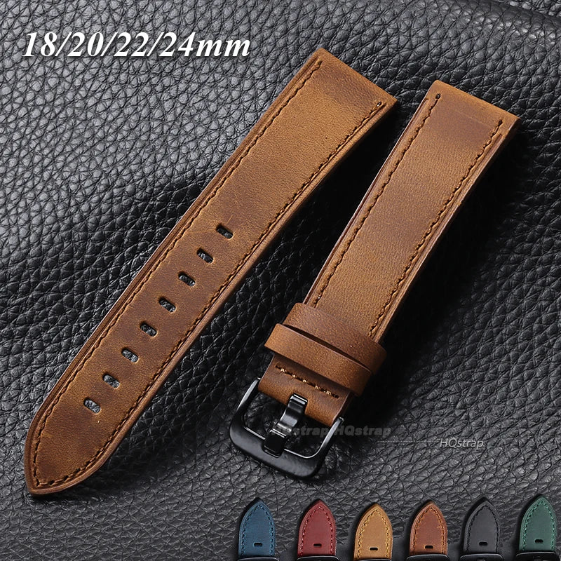 Leather Watch Strap 18-24mm for Samsung Galaxy Watch 7/6/5/4, Gear, Xiaomi, Casio Vintage Band