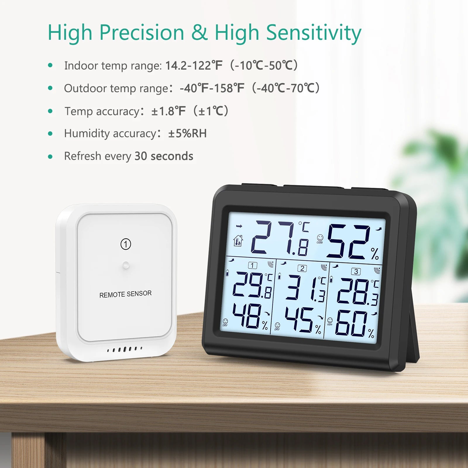 ORIA Wireless Indoor Digital Thermometer Hygrometer with 3 Sensors for Home and Office