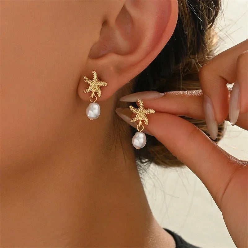 CowLost | ocean-series-conch-starfish-dangle-earrings-for-women-summer-beach-asymmetrical-metal-enamel-earring-girls-party-jewelry-gift |8