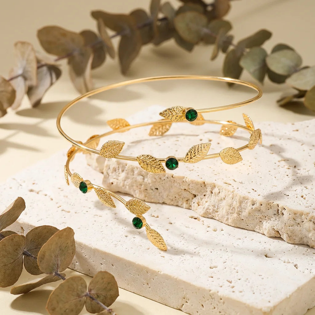 CowLost | boho-gold-color-leaf-upper-arm-cuff-bracelet-for-women-vintage-crystal-green-zircon-adjustable-armlet-bangle-festival-jewelry |5