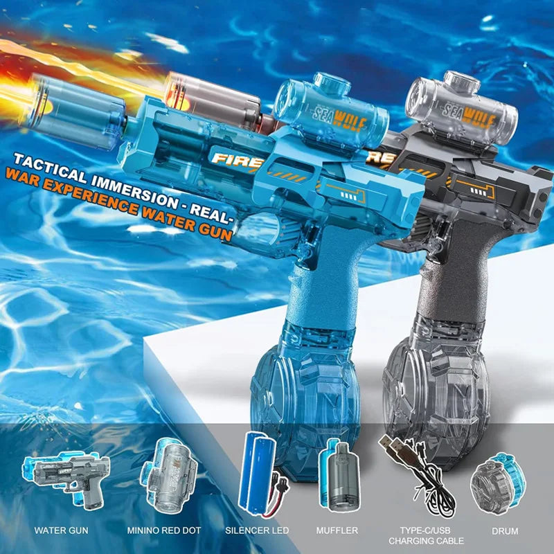 Automatic Electric Water Gun Toy with Simulated Firing, Recoil, and Sensor Lights for Kids