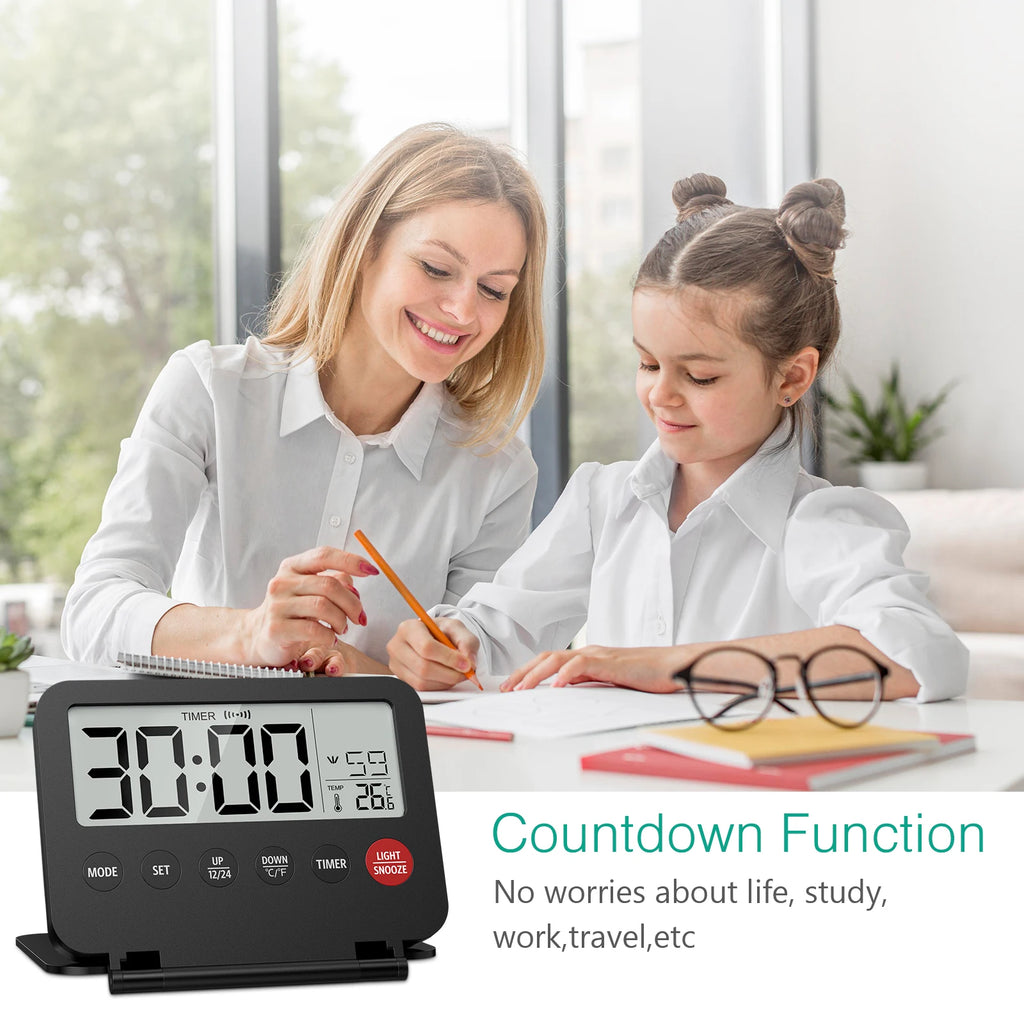 ORIA Digital Foldable LCD Alarm Clock with Calendar, Temperature, Timer – Battery Operated for Travel, Home, Office