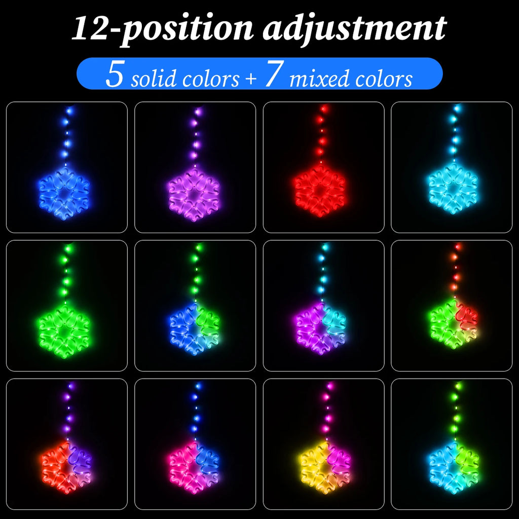 Warm Multi-Color Christmas Snowflake LED Window Lights, 8/12 Modes, Battery Powered Neon Hanging Lamp