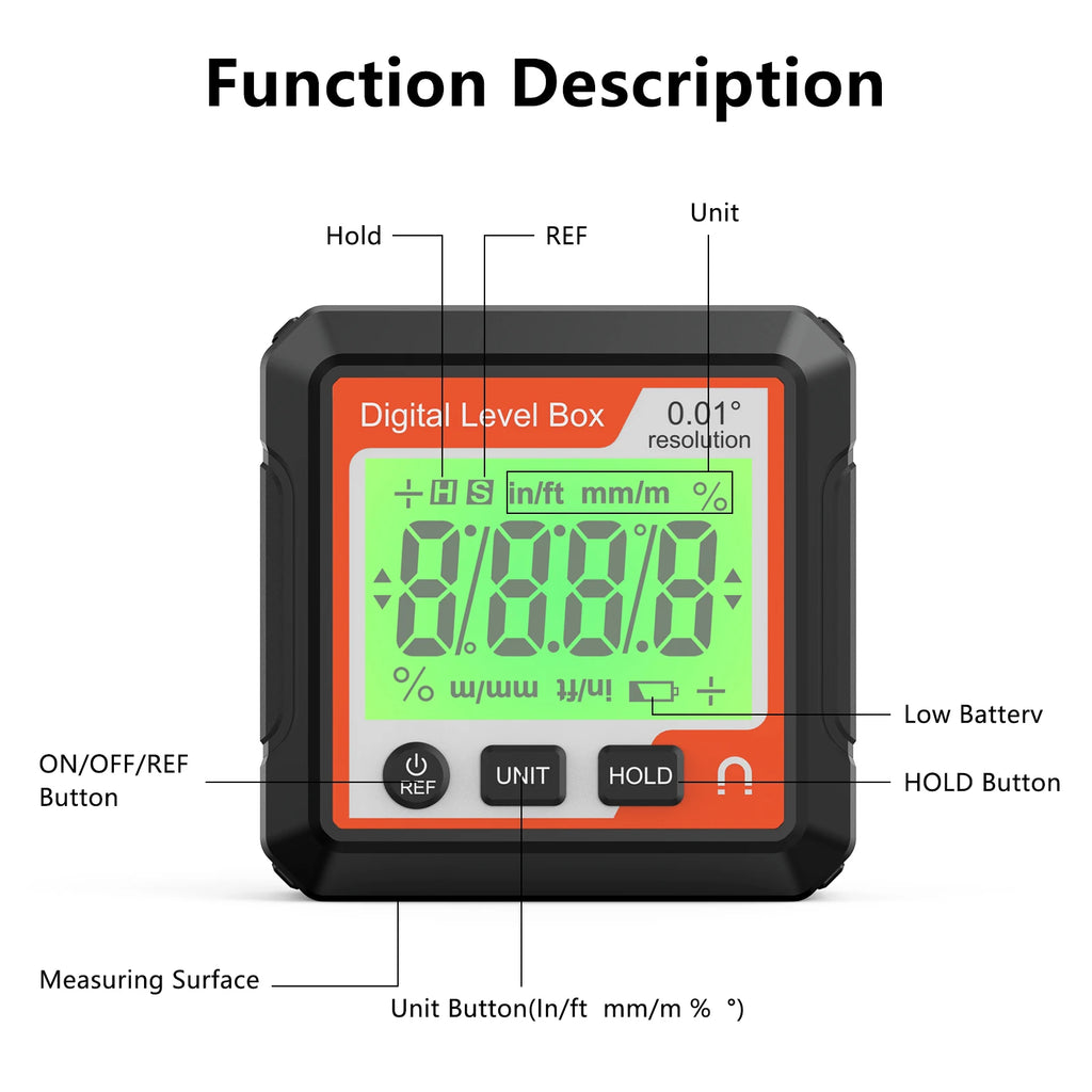 Digital Magnetic Inclinometer LCD Backlight Angle Finder 4x90° Protractor Level Box for Woodworking