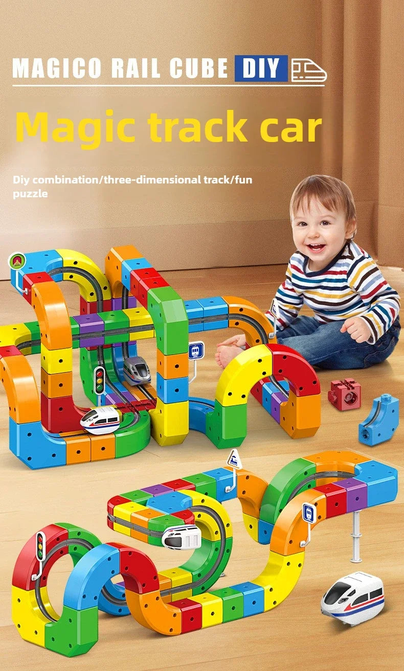 Children Magnetic Rail Car Cube DIY Building Blocks Educational Track Train Toy Christmas Gift