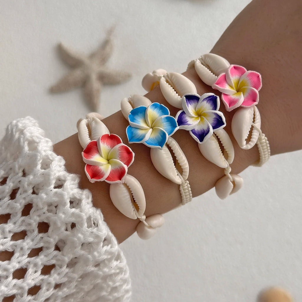 CowLost | bohemian-big-flower-sea-shell-charm-bracelets-for-women-pink-blue-green-flower-soft-clay-pottery-beaded-bangles-handmade-jewelry |1