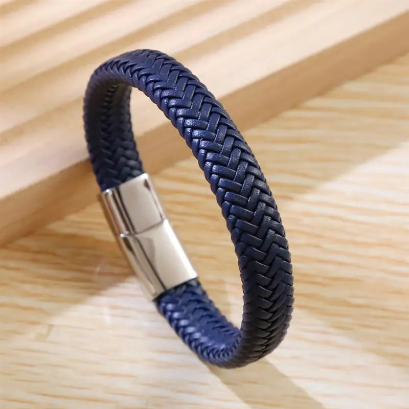 CowLost | badge-pass-holders-classic-mens-braided-leather-bracelet-with-magnetic-clasp |17