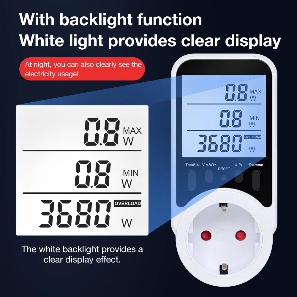 Digital Power Meter Socket 120-240V Wattmeter Energy Consumption Analyzer for Household Appliances