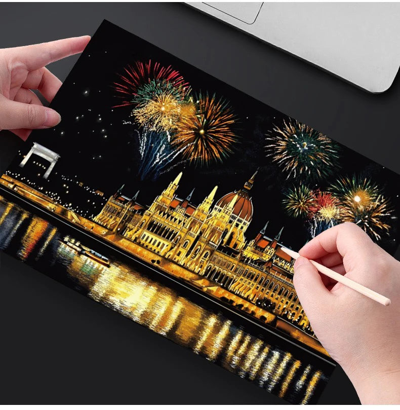 CowLost | product_id-4-pcs-a4-diy-scratch-painting-set-urban-landscapes-character-illustrations |8