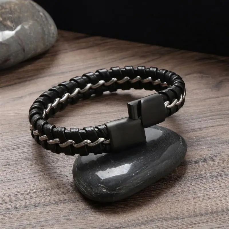 CowLost | jiayiqi-punk-men-jewelry-black-braided-leather-bracelet-stainless-steel-magnetic-clasp |24