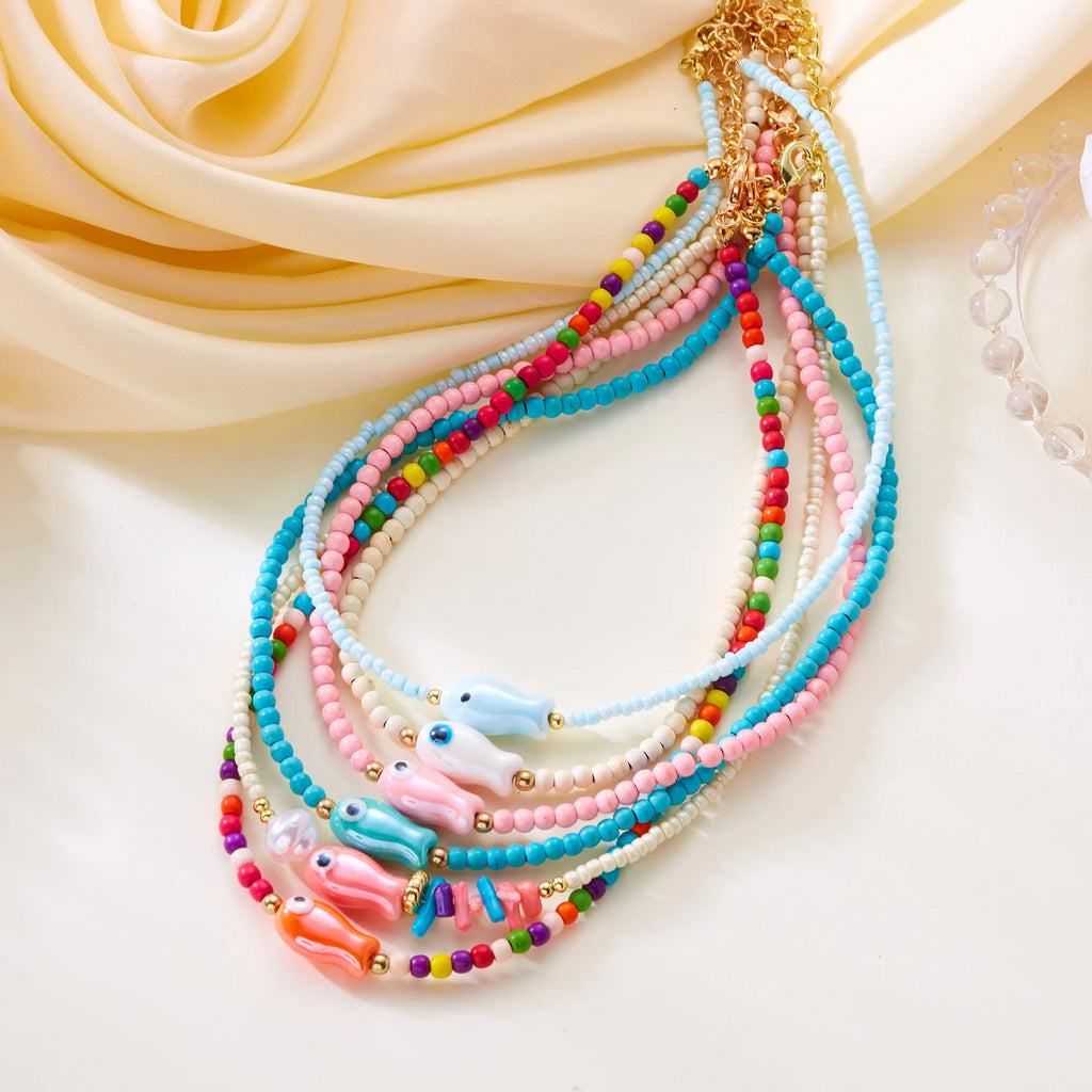 CowLost | colorful-ceramic-fish-beaded-necklace-for-women-unisex-handmade-rice-beads-choker-beach-party-aesthetic-charm-jewelry-gifts |2