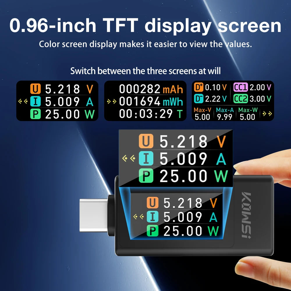 KWS-1902L Type-C Digital Voltmeter Ammeter 4-30V 0-8A Color Screen Power Bank Tester