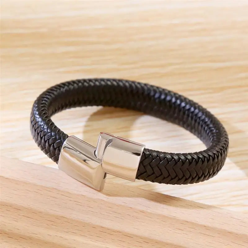 CowLost | badge-pass-holders-classic-mens-braided-leather-bracelet-with-magnetic-clasp |14