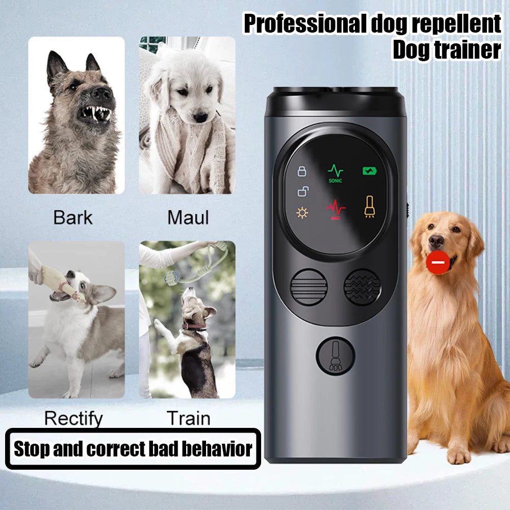 3-Head Ultrasonic Dog Repeller 30ft Range Anti-Barking Trainer with LED Flashlight