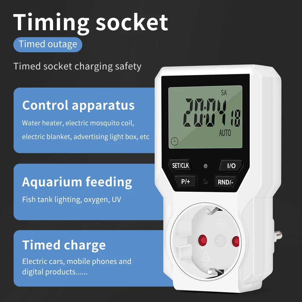 JUANJUAN Digital Programmable Timer Switch EU Plug LCD Display 10-Group Surge Protector 16A 3680W
