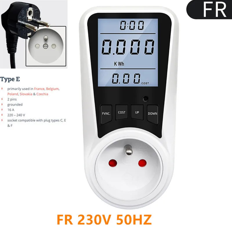 Digital AC Power Wattmeter 110V-220V Energy Consumption Meter with EU, US, UK, AU, BR, FR, IT, TH Plug Options