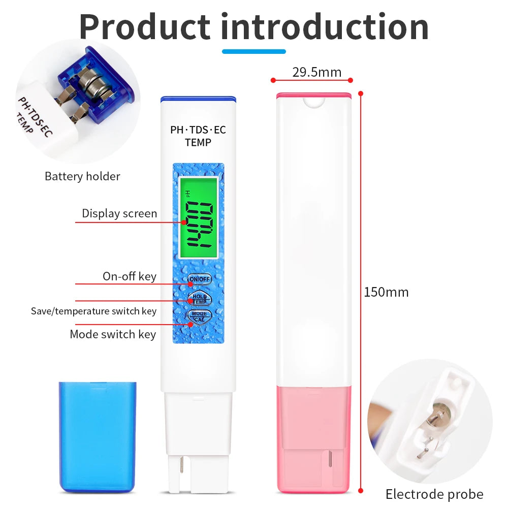 4-in-1 Digital PH Meter Water Quality Tester PH TDS EC TEMP Pen with High-Sensitivity Probe