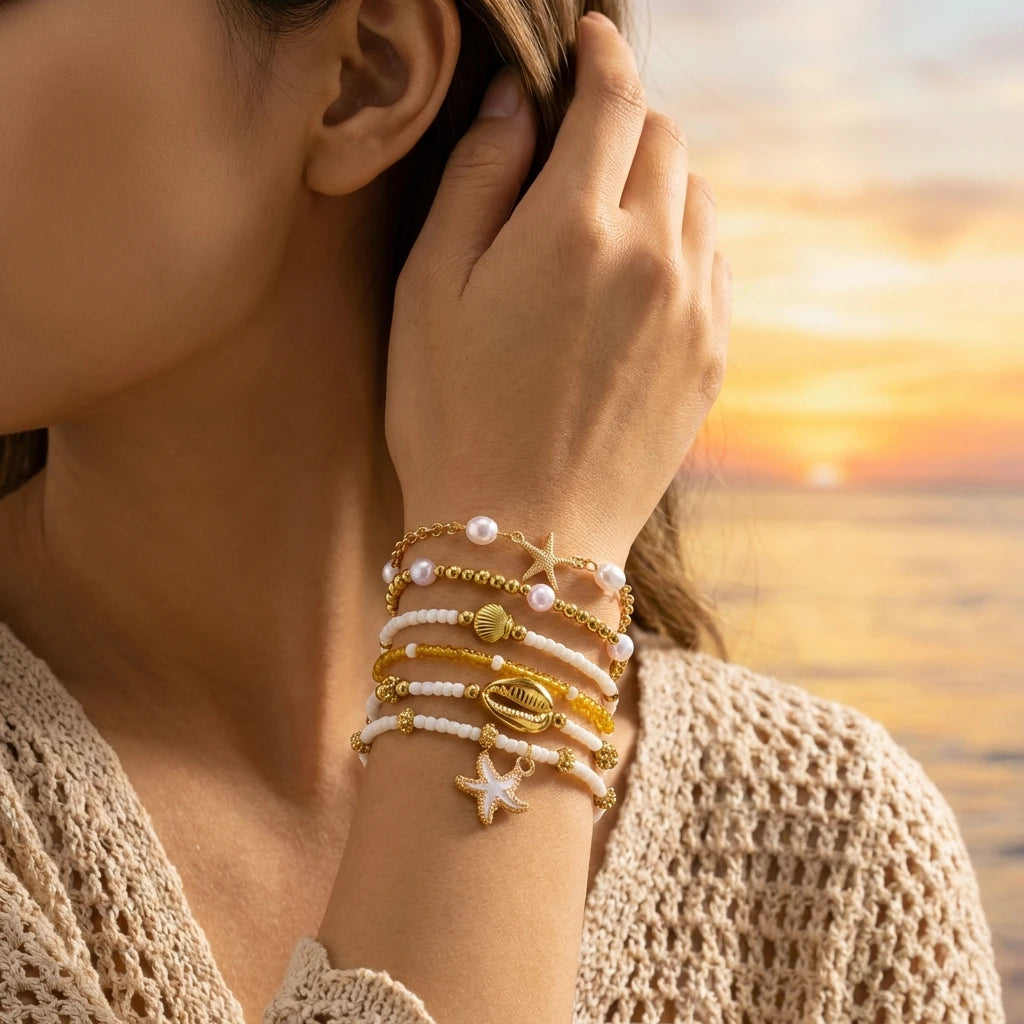CowLost | 6-pcs-bohemian-shell-starfish-beaded-bracelet-set-for-women-fashion-multilayer-stacked-bracelets-summer-beach-party-jewelry-gift |6