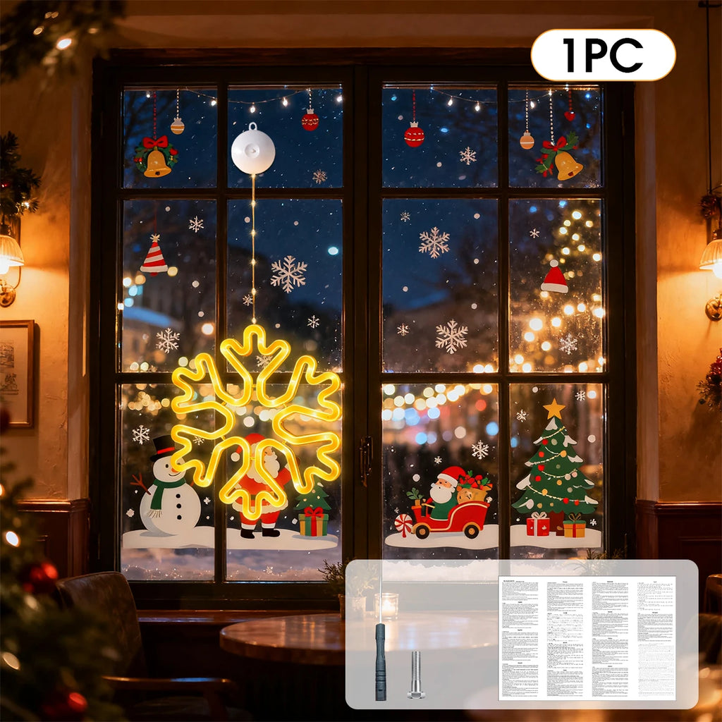 Warm Multi-Color Christmas Snowflake LED Window Lights, 8/12 Modes, Battery Powered Neon Hanging Lamp