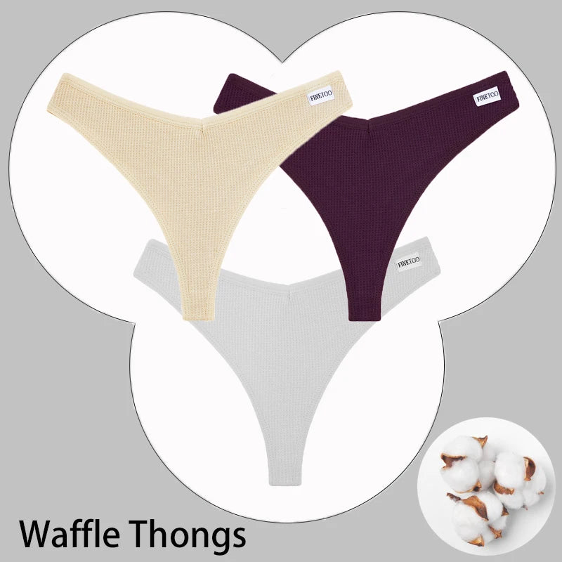 CowLost | activewear-pants-3pcs-cotton-waffle-women-s-sexy-thong-panties-set |44