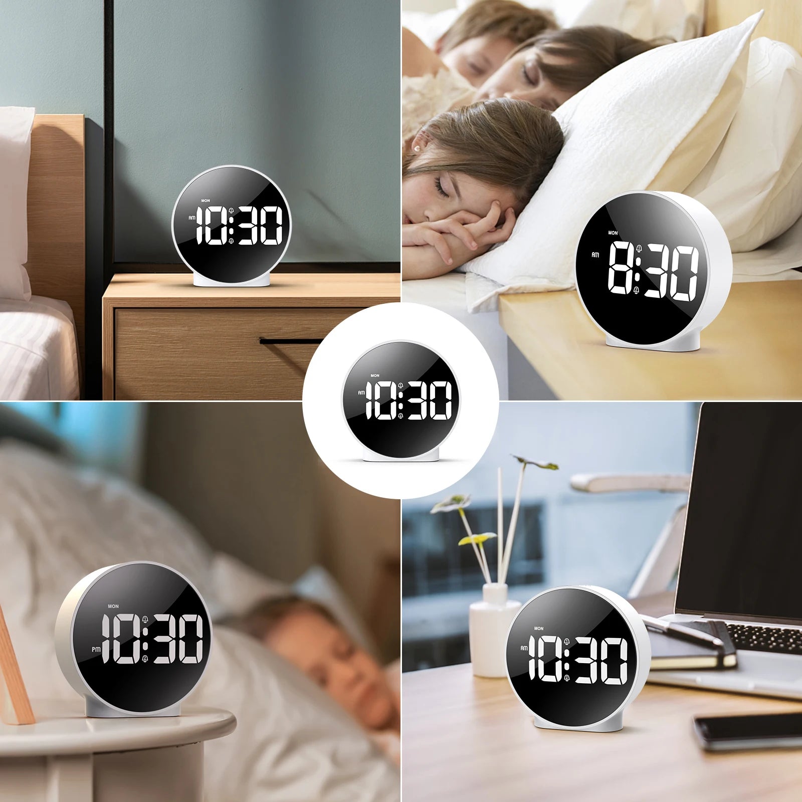 ORIA Digital LED Alarm Clock with Snooze Night Light USB Round Table Clock 3 Colors