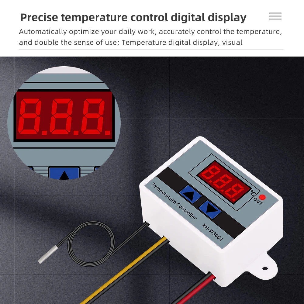 XH-W3001 Digital LED Temperature Controller Thermostat with NTC Sensor and Probe 220V for Incubator Cooling Heating