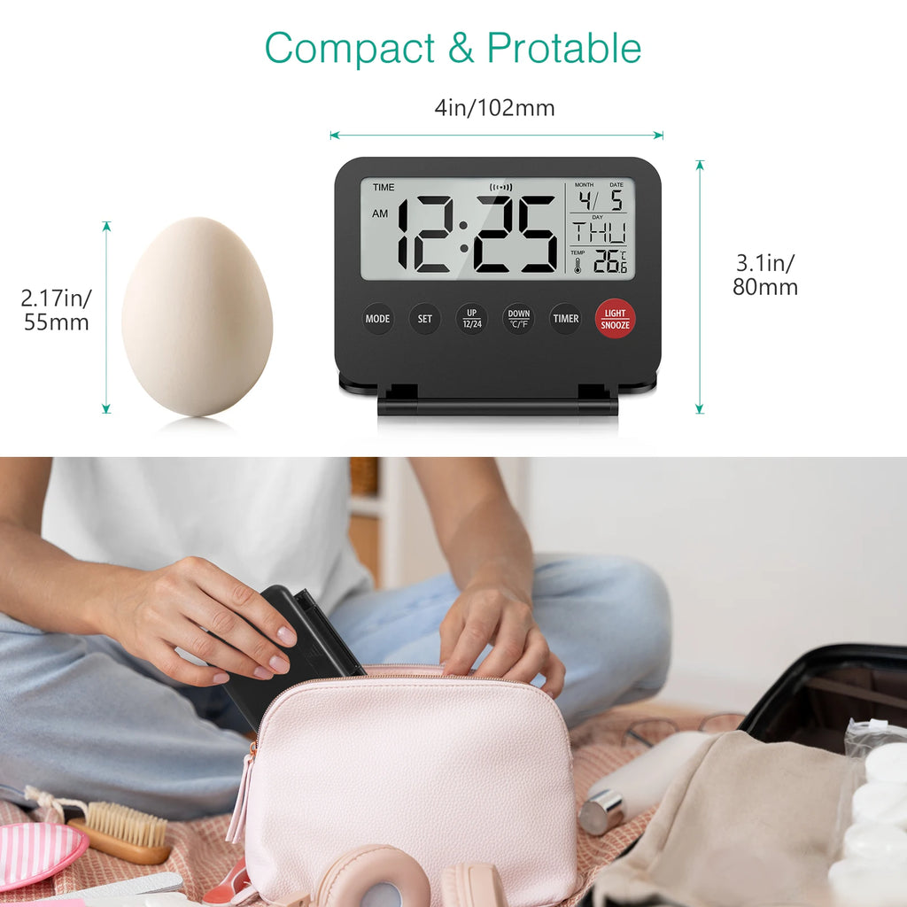 ORIA Digital Foldable LCD Alarm Clock with Calendar, Temperature, Timer – Battery Operated for Travel, Home, Office