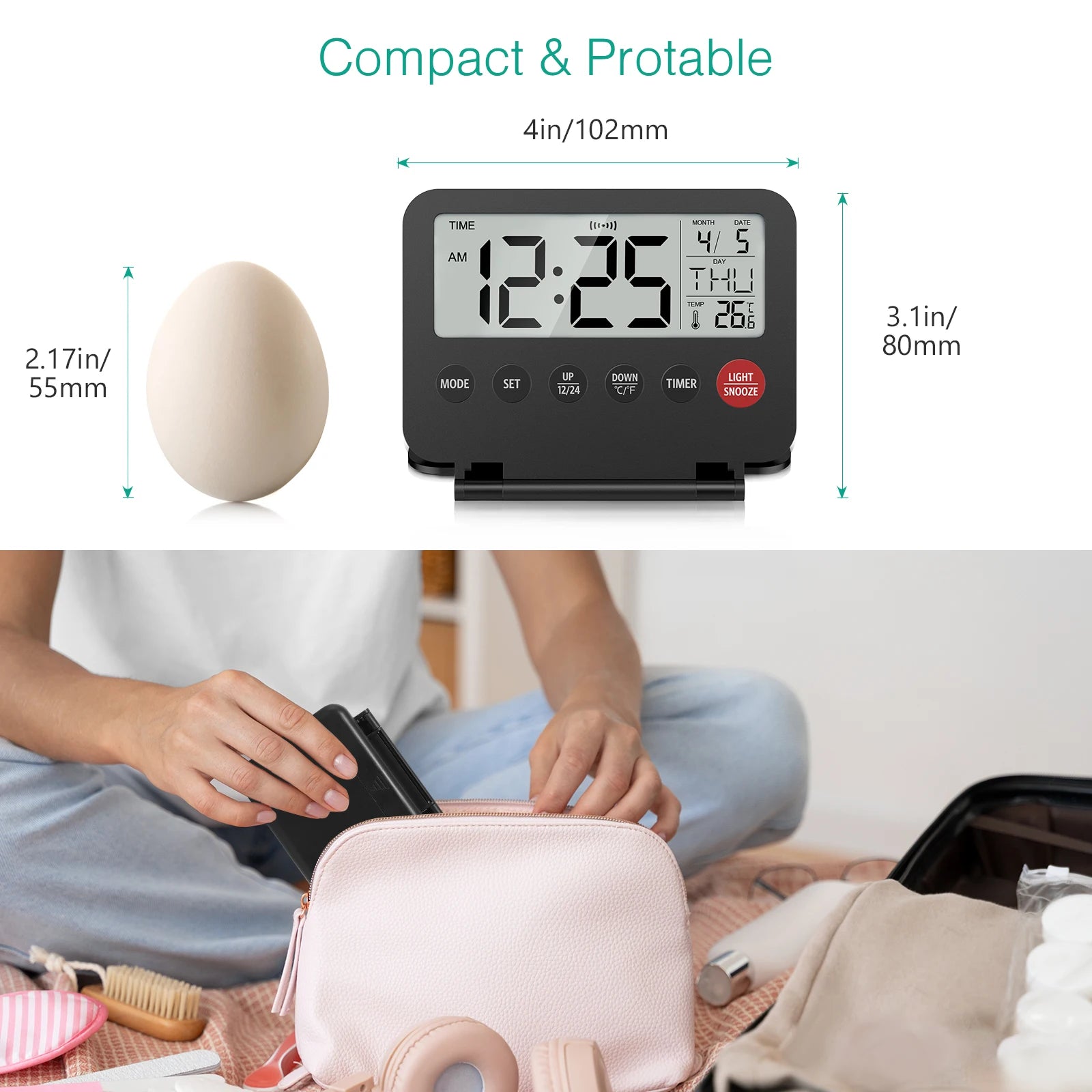 ORIA Digital Foldable LCD Alarm Clock with Calendar, Temperature, Timer – Battery Operated for Travel, Home, Office